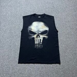 Vintage Marvel Mad Engine Punisher Skull Muscle Tank Top Size M Black 2004 Y2K